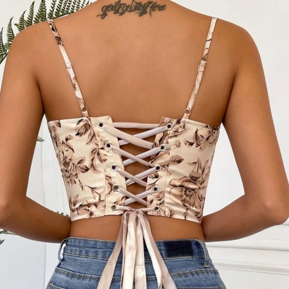 Boho Floral Print Lace up Cami Corset Cropped Top - Picture 4 of 7